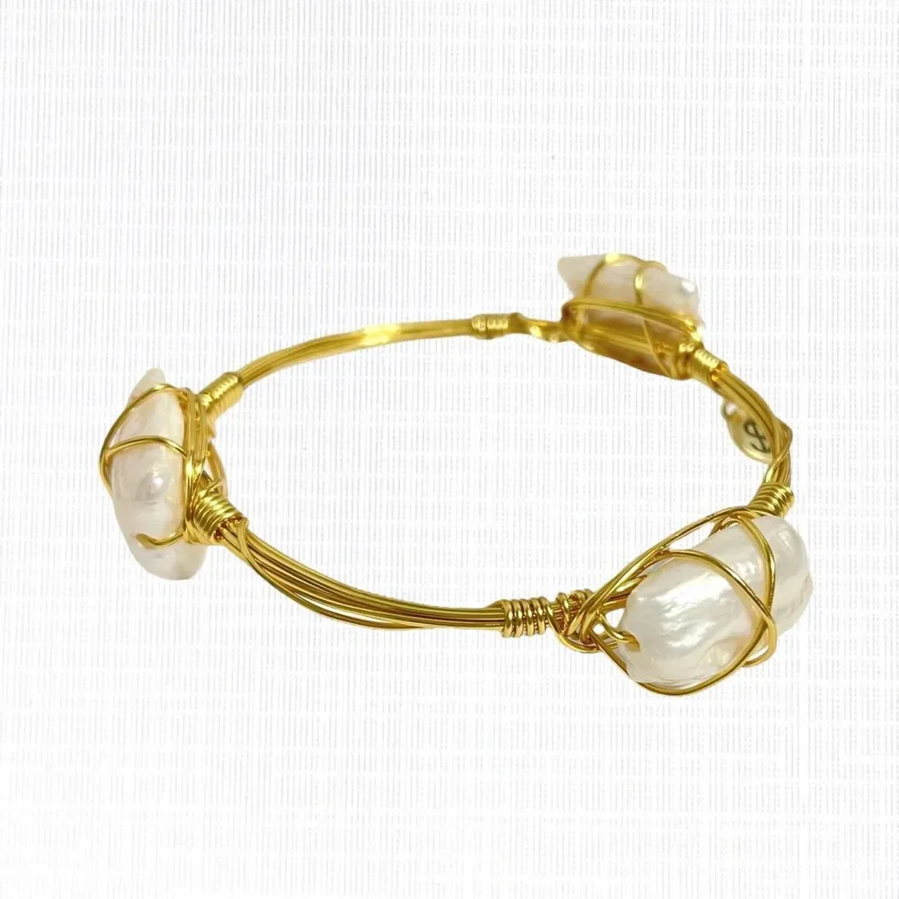 Wire Caged Chunky Pearl Bangle Bracelet Gold Tone Coastal Beach Handcrafted Art